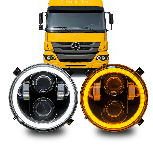 FARÓIS LED ANGEL EYES COM SUPORTES MB ATEGO 1719 3026 3030