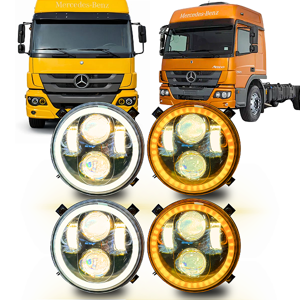 KIT 4 FARÓIS LED COMPLETO 5.75 ANGEL EYES 4300K C/SUPORTE MB ATEGO 2012+