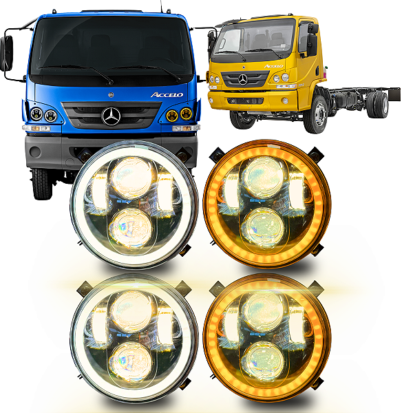 KIT 4 FARÓIS LED COMPLETO 5.75 ANGEL EYES 4300K C/SUPORTE MB ACCELO 815 915 1016