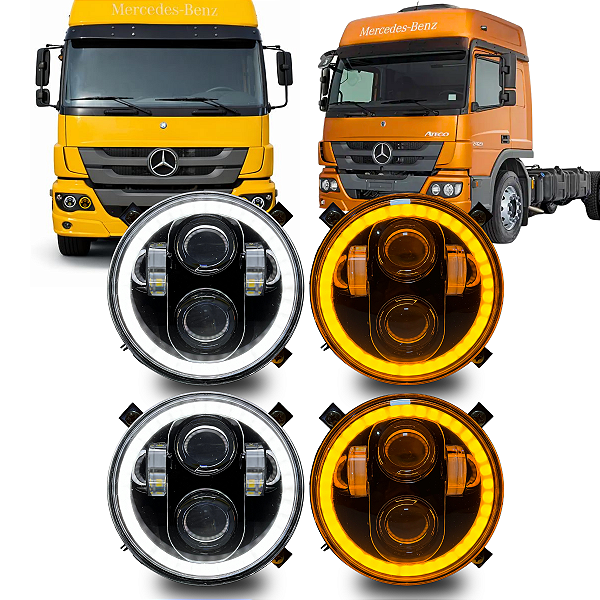 KIT 4 FARÓIS LED COMPLETO 5.75 ANGEL EYES 6000K C/SUPORTE MB ATEGO 2012+