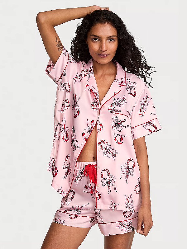 Pijama Curto de Cetim Natal Rosa Victoria’s Secret