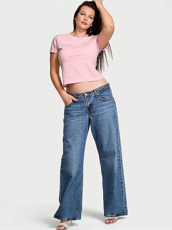 Camiseta em Algodão Victoria’s Secret Rosa com Escrita