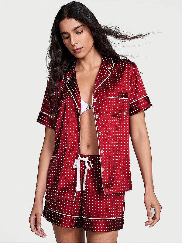 Pijama Curto de Cetim Vermelho Poá Victoria’s Secret