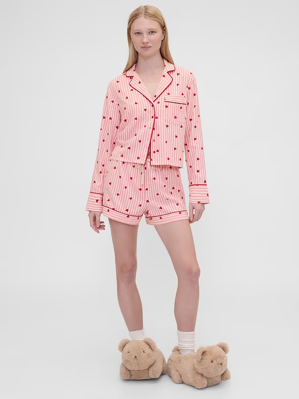 Gap × Summer Fridays Relaxed Flannel Hearts PJ Shirt Color Pink stripe