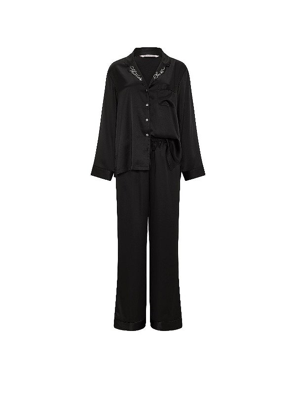 Pijama Longo de Cetim Preto Com Gola Em Strass Victoria´s Secret