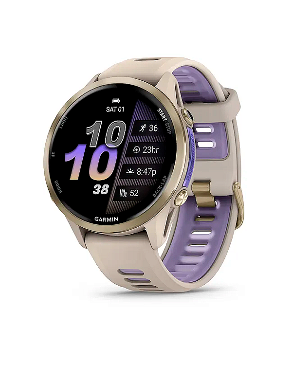 Relógio Garmin Forerunner 970 - Soft Gold Titanium with French Gray Case and French Gray Translucent Indigo Band 010-02969-02