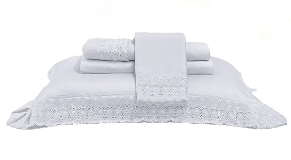 Jogo de Cama Percal 300 Fios c/ Bordado Branco