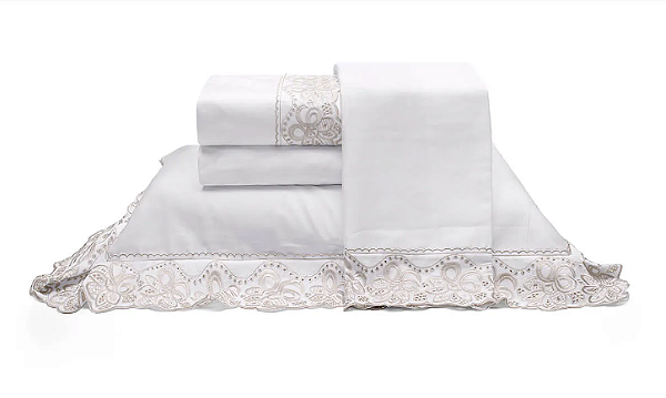 Jogo de Cama 300 Fios c/ Bordado Branco/Kaki