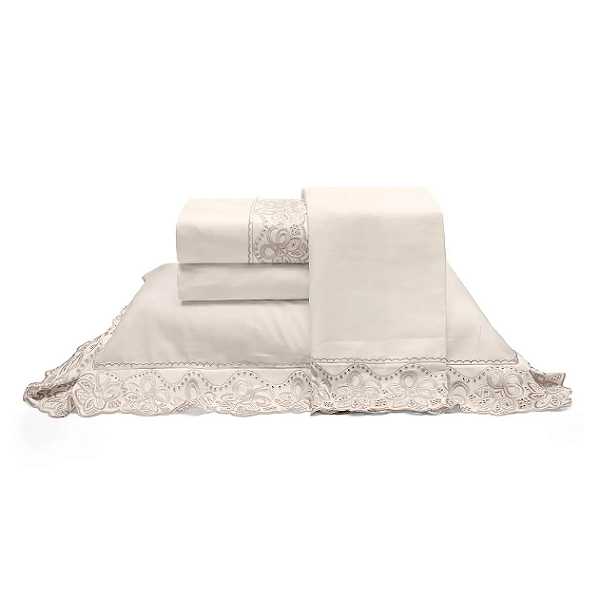 Jogo de Cama 300 Fios c/ Bordado Marfim