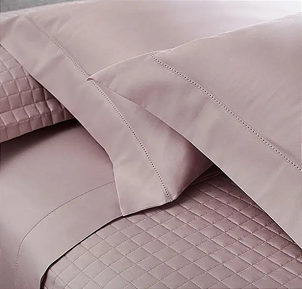 Jogo de Cama Cetim 300 fios Algodão Penteado Ponto Ajour Rosa 4 Peças