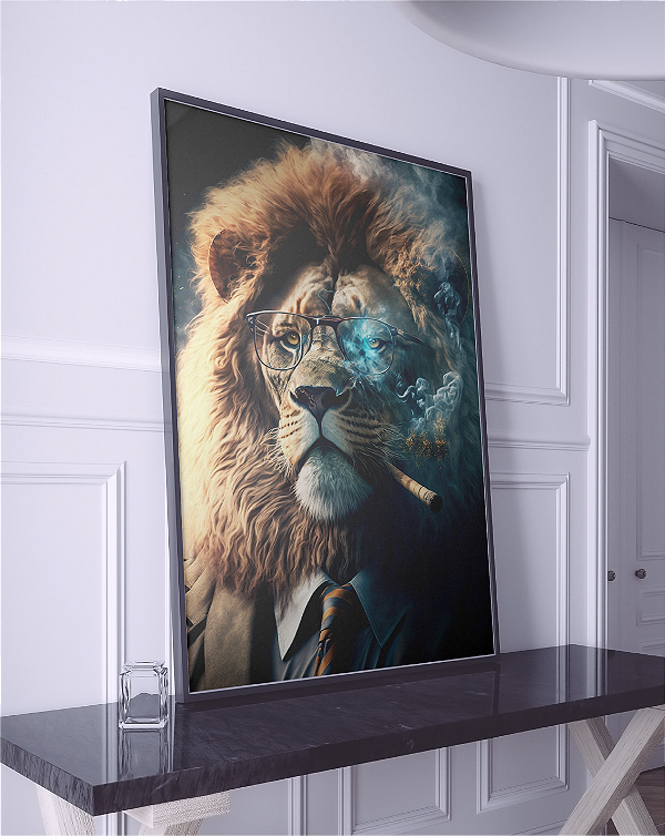 Quadro Decorativo Leão de Terno e Óculos Fumando