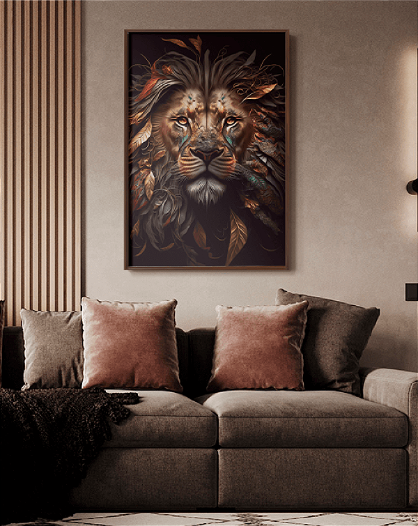 Quadro Decorativo Leão com Folhas Secas na Juba