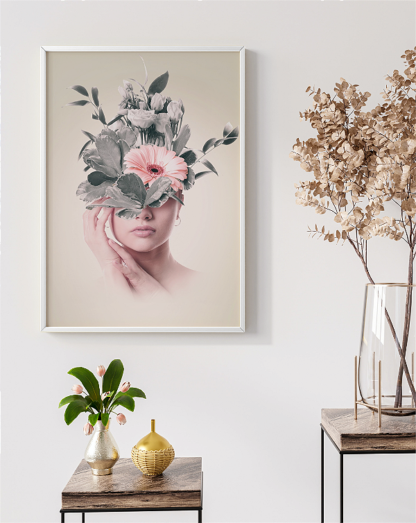 Quadro Decorativo Arte Colagem de Mulher com Buquê Sobre a Cabeça