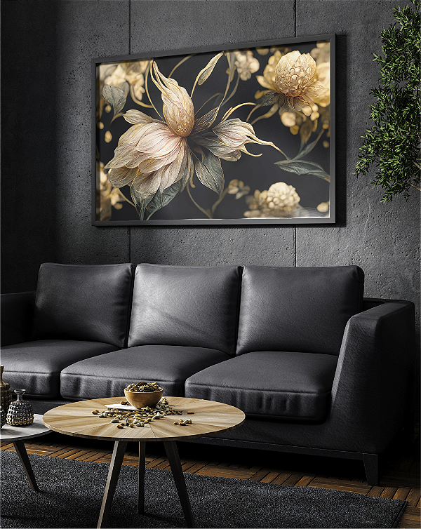 Quadro Decorativo Flores de Seda Dourada Desabrochando