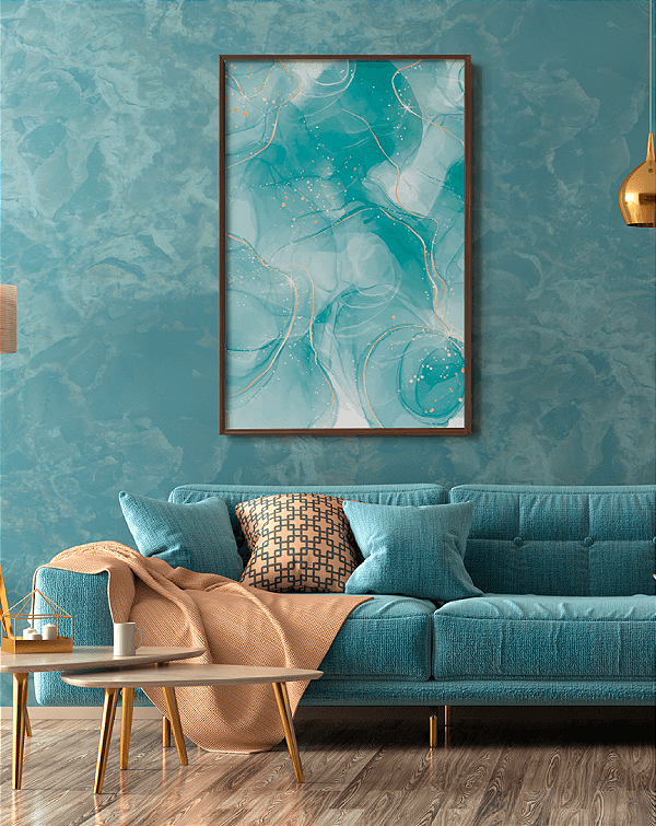 Quadro Decorativo Mármore Líquido Azul Turquesa em Textura Gold