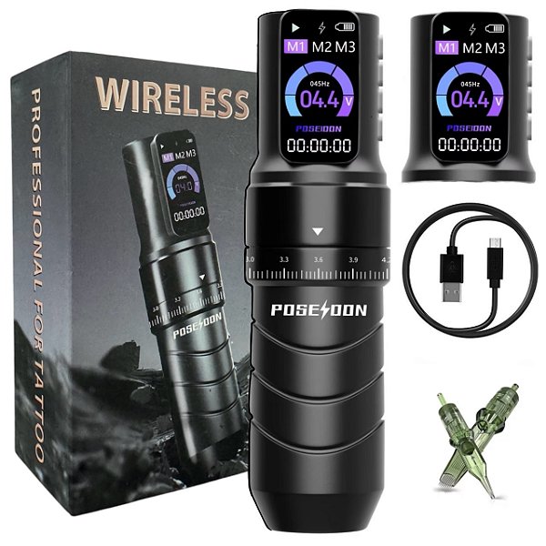 Pen Poseidon Vortex 2 Baterias Curso Ajustavel Tattoo - PRETO
