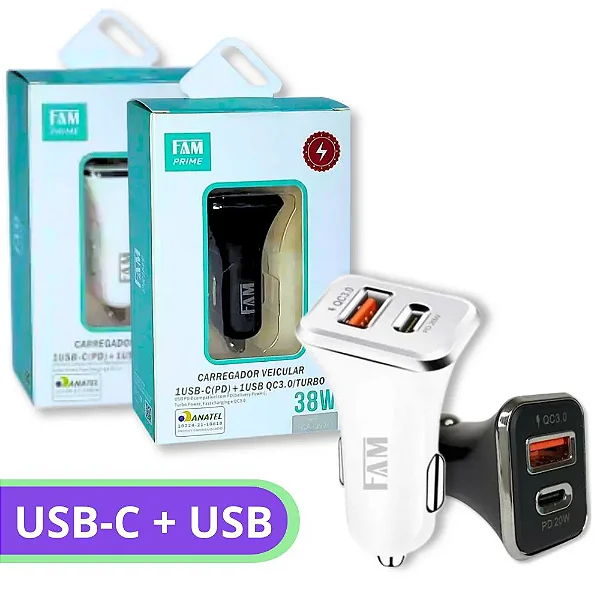 Carregador Veicular 1 USB + 1 USB-C FCA-QV361.