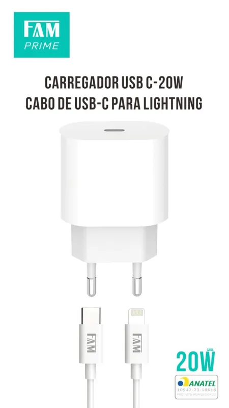 Carregador Completo USB C - para Ligthning 20W Fam.