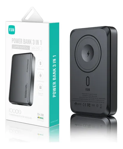 Power Bank 3 em 1 Super Rápido 10000mAh Sem Fio.
