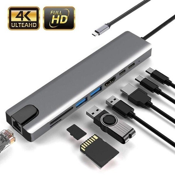 Adaptador HUB OTG TIPO C 8 EM 1 (RJ45 + TF + SD + HDMI + 2 USB 3.0 + 2 TIPO C FEMEA).