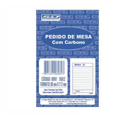 BLOCO DE PEDIDO DE MESA SAO DOMINGOS COM CARBONO