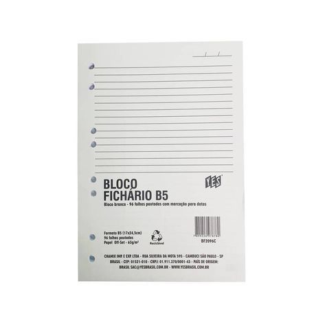 REFIL FICHARIO YES B5 PAUTADO COLEGIAL