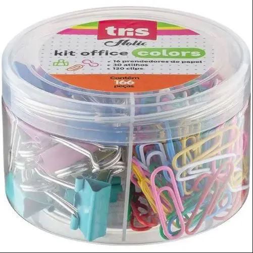 KIT TRIS OFFICE DE PRENDEDORES, CLIPS E ELASTICOS - CORES