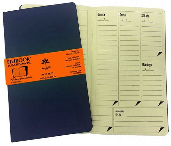 PLANNER SEMANAL PERMANENTE FILIBOOK AZUL/MARFIM 21X12,5CM 30FLS - 2 UNIDADES