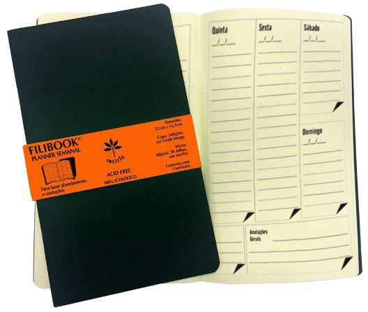 PLANNER SEMANAL PERMANENTE FILIBOOK PRETO/MARFIM 21X12,5CM 30FLS - 2 UNIDADES