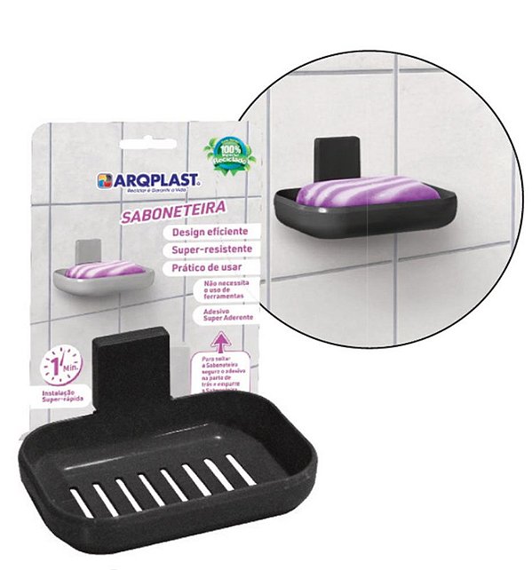 SABONETEIRA DE PAREDE C/ SUPORTE ADESIVO PRETA