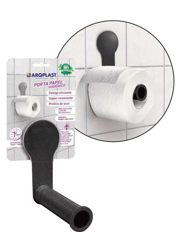 PORTA PAPEL HIGIENICO DE PAREDE C/ SUPORTE ADESIVO PRETA