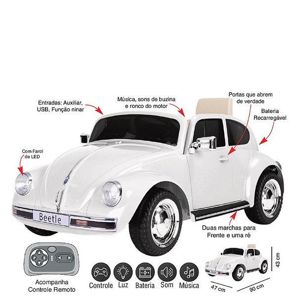 ZIPPY - MINI CARRO ELETRICO 12V FUSCA BRANCO C/ RC