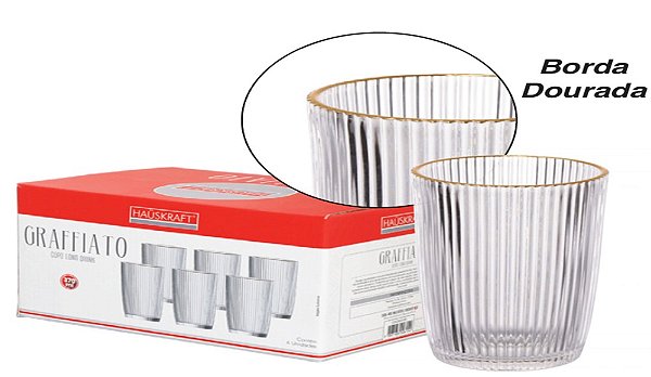 GLASS - COPO LD 370ML JG C/ 06 PCS GRAFFIATO C/ BORDA DOURADA