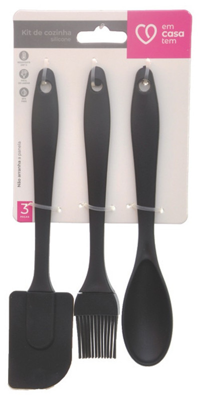 SILICONE - KIT COZINHA C/ 03 PCS PRETO (COLHER + PINCEL + ESPATULA)