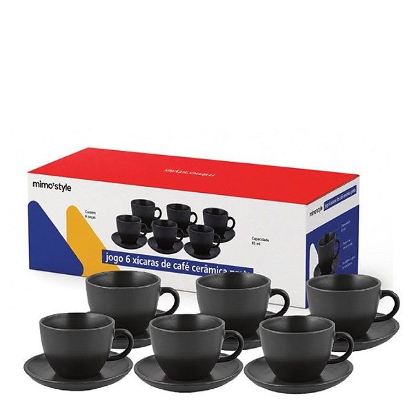 XICARA 85ML JG C/ 06 PCS CERAMICA PRETO MARMORIZADO