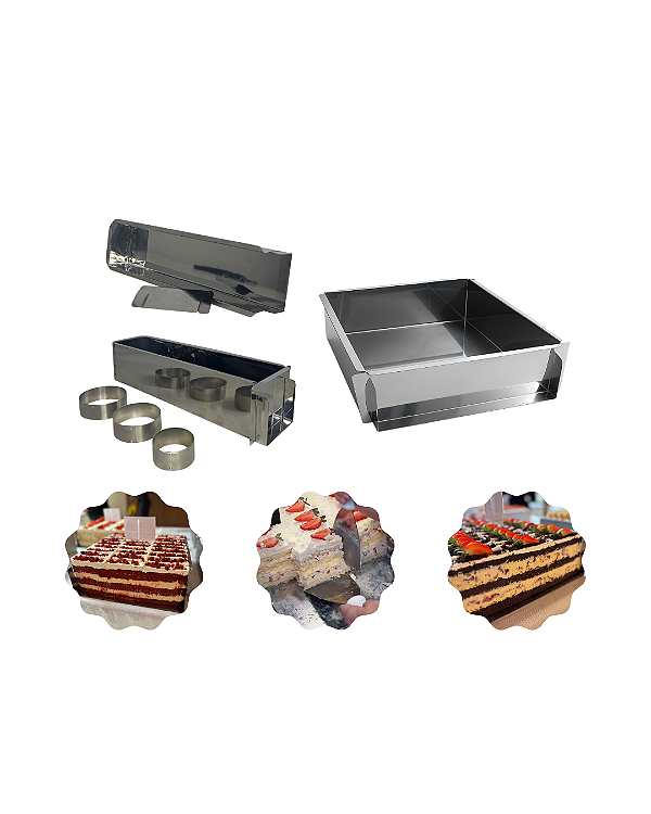 KIT 3 FORMAS LATERAL REMOVÍVEL: 1 SLICE CAKE INOX 30X30X10 CM + 1 FORMA SLICE CAKE 30X10X10 CM + 1 FORMA SLICE CAKE 30X10X6 CM