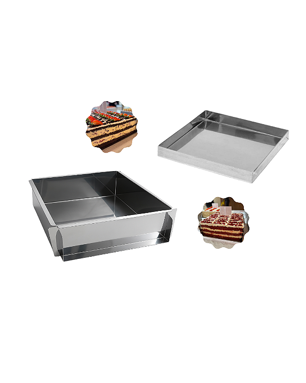 KIT 1 FORMA SLICE CAKE INOX LATERAL REMOVÍVEL 30X20X10 + 1 ASSADEIRA INOX 30X20X5