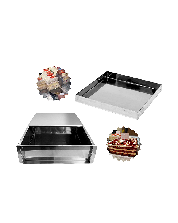 KIT 1 FORMA SLICE CAKE INOX LATERAL REMOVÍVEL COM TAMPA 40X40X10 + 1 ASSADEIRA INOX 40X40X5