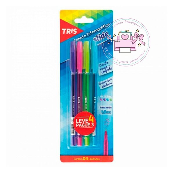 Caneta Esferográfica Slide - Cartela c/4 Cores  (TRIS)