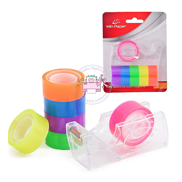 Suporte com 5 Fitas Adesivas Coloridas Win Paper 9x18mm - Cores Sortidas