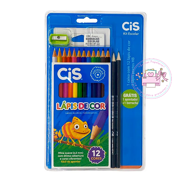 Kit Escolar  CIS - Lápis de Cor + 2 Lápis HB2 + Borracha + Apontador