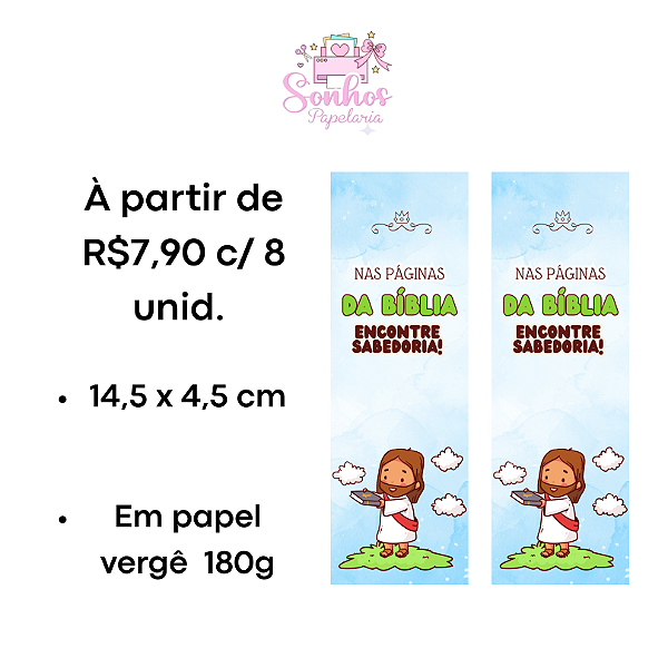 Marcador de Páginas - KIDS NAS PÁGINAS DA BÍBLIA ENCONTRE SABEDORIA - | KIT C/ 8 unid ( Vergê 180g / 14,5 x 4,5cm )