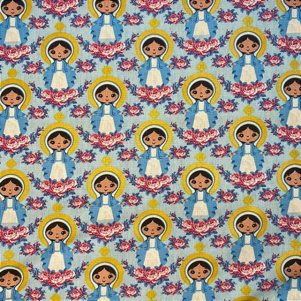 TRICOLINE ESTAMPADA (SANTINHA E FLORES FUNDO AZUL CLARO)