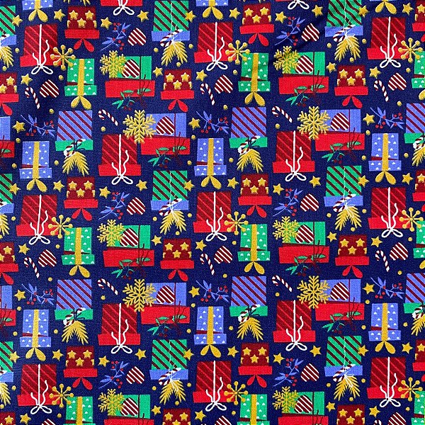 TECIDO TRICOLINE ESTAMPADO DE NATAL PRESENTES AZUL