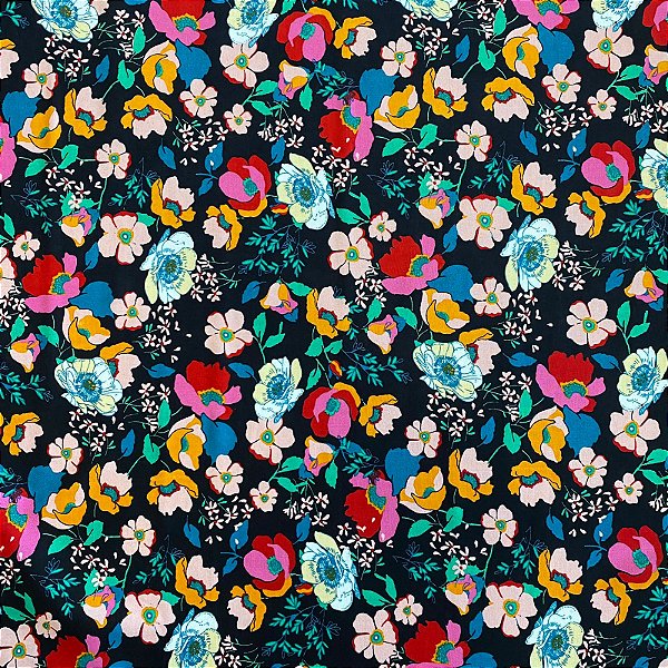 TECIDO VISCOSE ESTAMPADA (FLORES COLORIDAS E FUNDO PRETO)