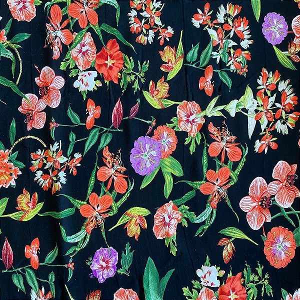 TECIDO VISCOSE ESTAMPADA (FLOR ROXA E LARANJA FUNDO PRETO)