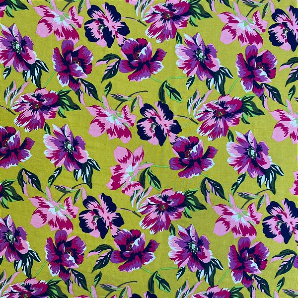 TECIDO VISCOSE ESTAMPADA (FLOR ROXA FUNDO AMARELO)