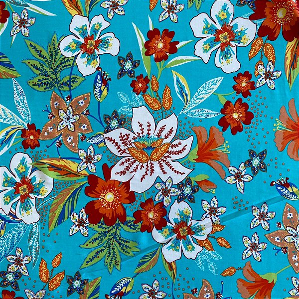 TECIDO VISCOSE ESTAMPADA (FLOR LARANJA FUNDO AZUL CLARO)