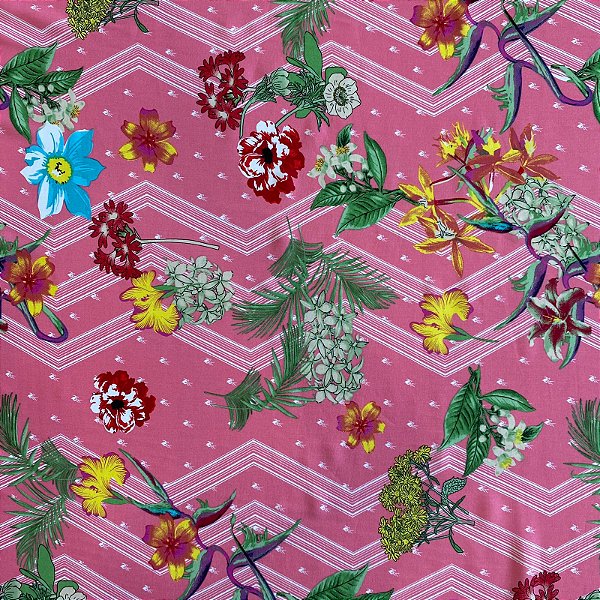 TECIDO VISCOSE ESTAMPADA (FLORES  COLORIDAS FUNDO ROSA CLARO)