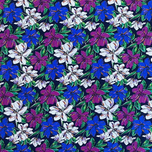 TECIDO VISCOSE ESTAMPADA (FLOR AZUL E ROXA FUNDO PRETO)